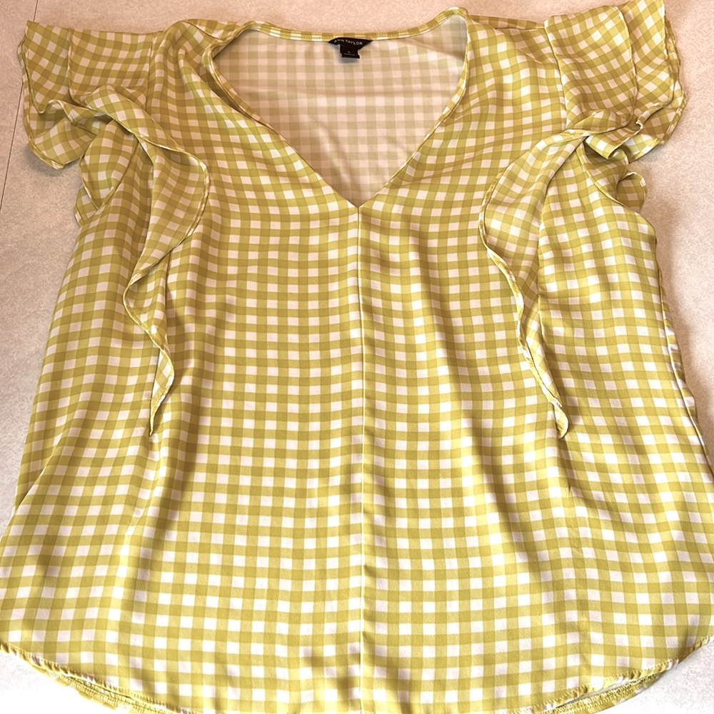 Ann Taylor - Green Gingham Blouse with Ruffle Sleeves